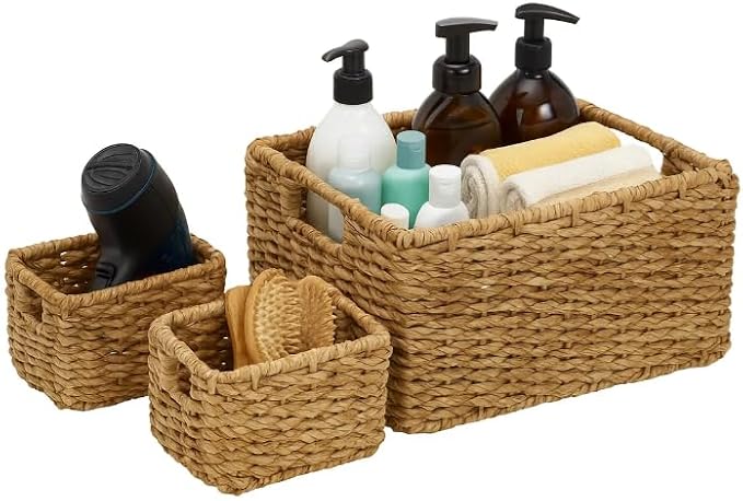 3 Pack Natural Seagrass Woven Storage Baskets Woven Rectangular Organizer Set With Handles Decorative Wicker Bins For Shelves Bathroom Bedroom Living Room Home Decor Rustic Beige