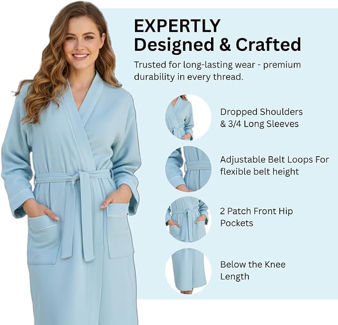 COTSILER Cotton Waffle Bathrobe for Women – Lightweight Spa Robe with Belt & Front Pockets