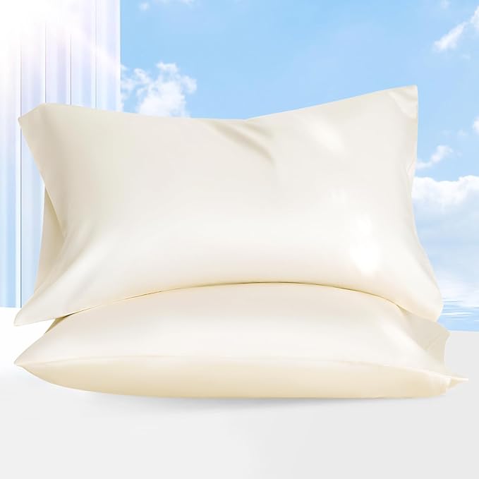 100% Tencel Pillowcase, Hair and Skin Friendly, Soft and Smooth，Cooling Silk Pillowcases for hot Sleepers,Queen Pillowcases Set of 2,Hair and Skin Friendly, Cream White, 20x30In