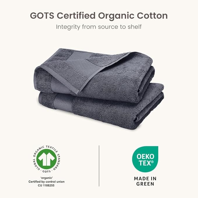 BIOWEAVES 100% Organic Cotton 700 GSM Plush Bath Towels 30" x 58" GOTS Certified - Charcoal, Pack of 2