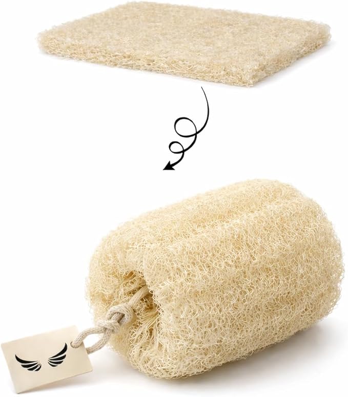 April's Angels 100% Natural Egyptian Loofah. Eco Friendly Exfoliating Scrubers for Body and Face. Natural Bathing Loofah for the Entire Family. Large Size (Set of 3 + 1 Exfoliating Face pad)