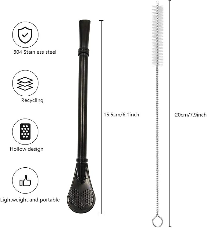 Stainless Steel Straw Filter Spoon, Yerba Mate Bombilla, Loose Leaf Tea Strainer, Tea Straw for Drinking Coffee, Cocktail, Pack of 5 with Cleaning Brush (5 colors)