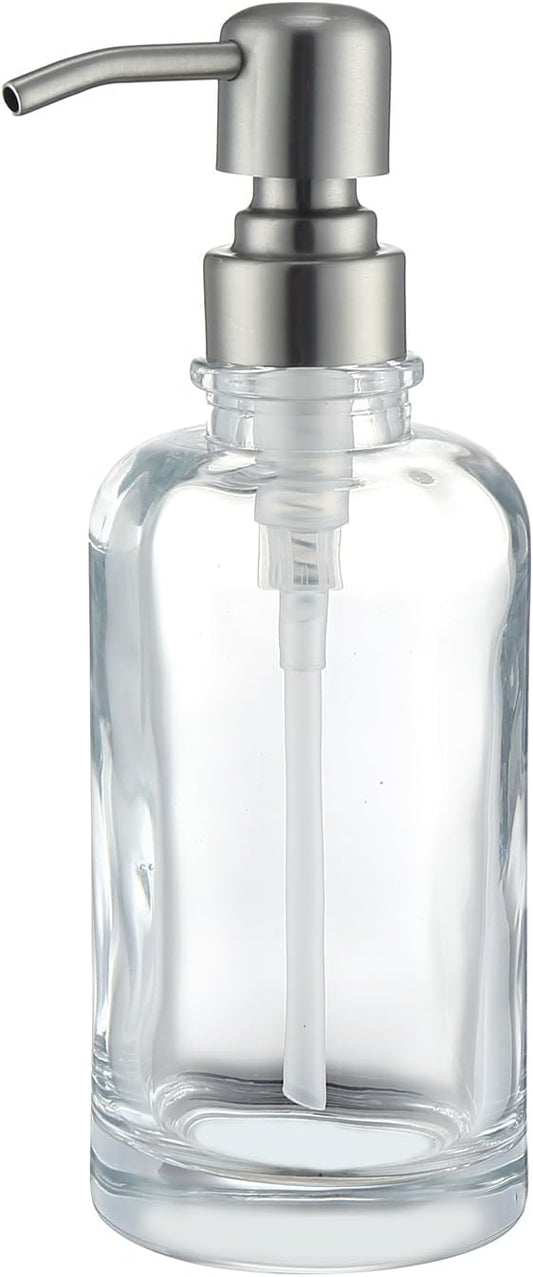 Clear Glass Soap Dispenser with Brushed Nickel Pump, 11 OZ Liquid Soap Dispenser Cylindrical with Stainless Steel Pump for Dish Hand Soap Bathroom Kitchen Vanity Countertop