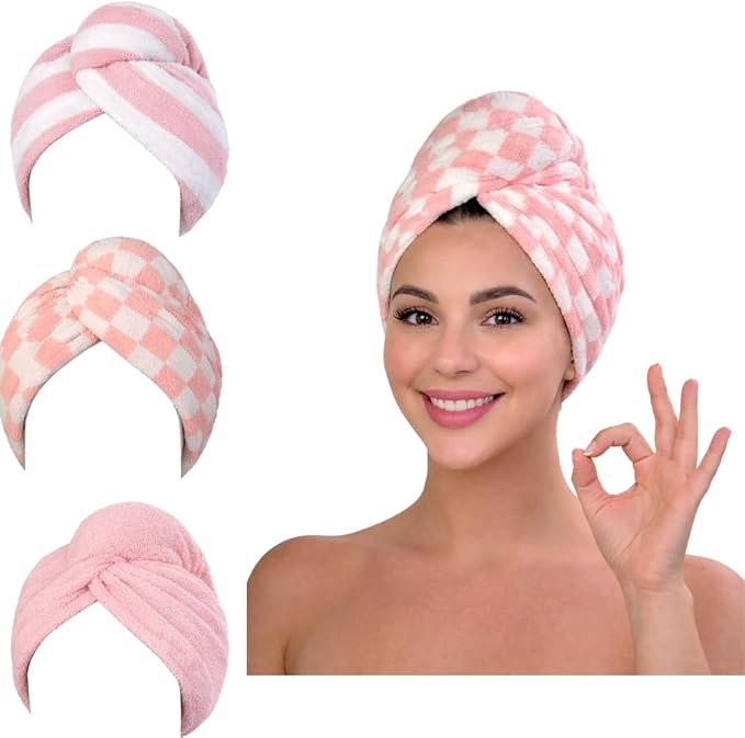 KELVO Microfiber Hair Towel Wrap for Women - Pack of 3, 350 GSM Super Absorbent Quick Dry Hair Turban, Anti-Frizz Head Wrap for Curly, Long & Thick Hair, Soft Hair Drying Towel (Pink, Mixed Style)