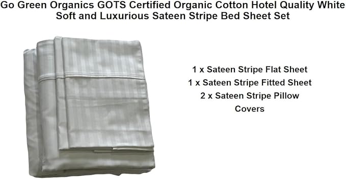 Organic Cotton Comfortable and Soft Sateen Stripe Bed Sheet Set - Luxury Hotel Quality - GOTS Certified - White - Deep Pocket - Easy Care - Queen