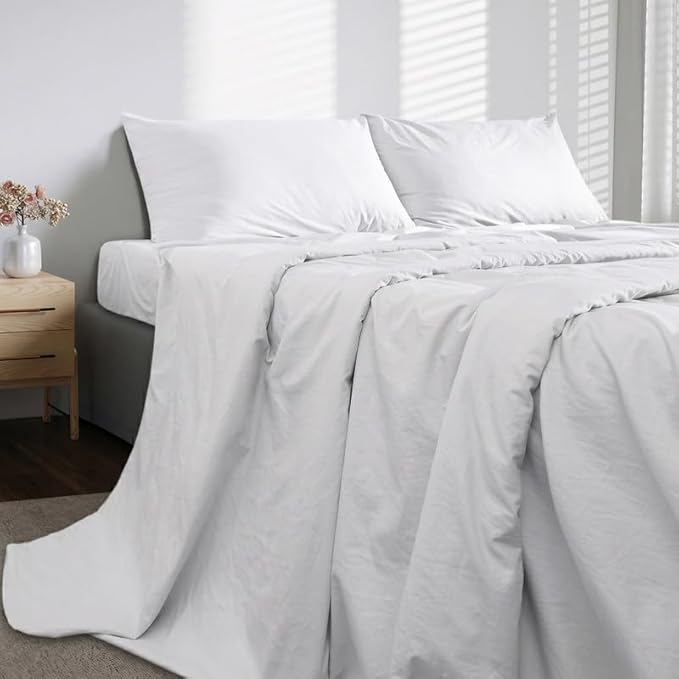BIOWEAVES 100% Organic Washed Cotton Percale Weave Sheets Queen, GOTS Certified Sheets for Queen Size Bed, 17” Deep Pocket – 4 Piece Set, White