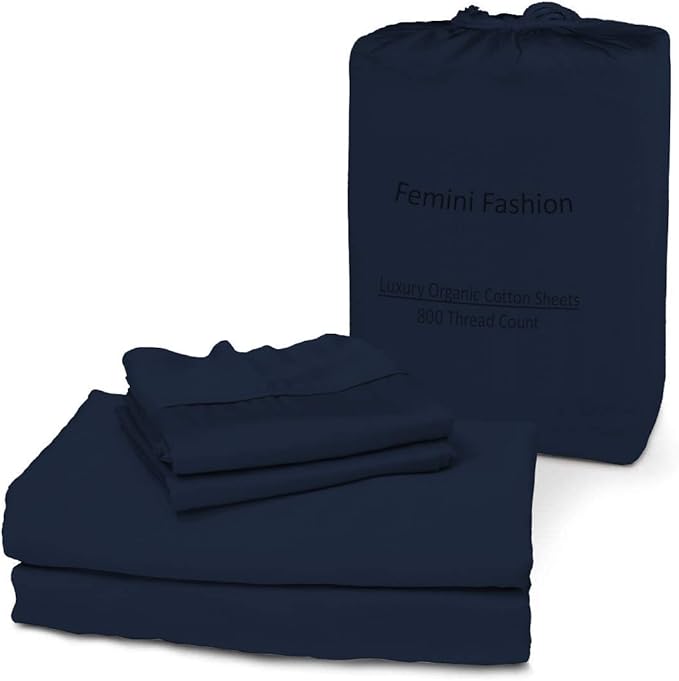 Femini Fashion 100% Organic Cotton Bed Sheets 800-Thread-Count, 16-Inch Deep-Pocket, Luxury Breathable Crisp 4-Piece Bed Sheet Set (1 Flat Sheet, 1 Fitted Sheet, 2 Pillowcases) - Full-XL, Navy Blue