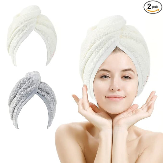 M-bestl 2 Pack Hair Towel Wrap,Absobent Hair Drying Towel with Buttons, Microfiber Hair Towel Wrap to Dry Hair Quickly (Beige&Gray)