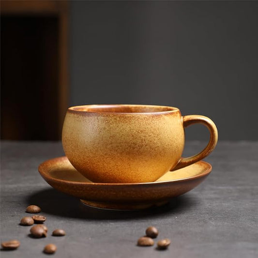 Rustic Kiln Glaze Textured Ceramic Coffee Mug with Saucer, Vintage Wabi Sabi Latte Tea Cup Multiple Styles, set of 1 (MIXED05)