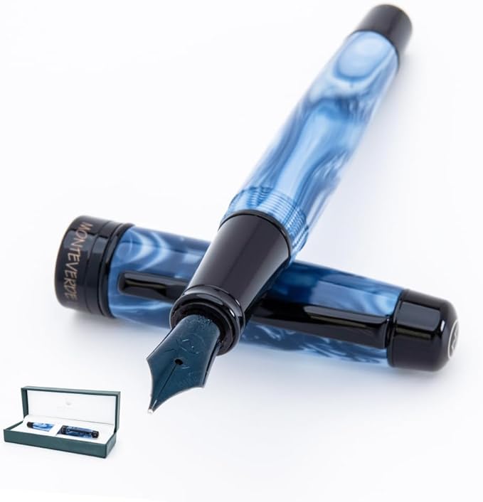 Monteverde USA Prima Blue Swirl Fountain Pen - Stub Nib, Handcrafted Resin, JoWo Nib, Refillable, Luxury Gift Box