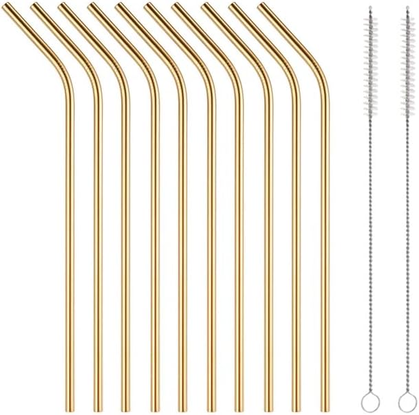 10 Pcs Stainless Steel Straws, Reusable Drinking Straws, Bent Metal Straw Sets with 2 Pcs Cleaning Brushes (Gold, 8.5 Inch)