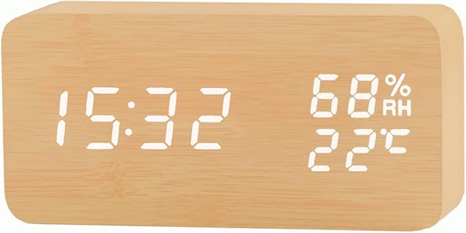 Alarm Clock Modern Wood Digital Clock Snooze LED Desk Clock Display Time Temperature Humidity Brightness Adjustable for Home Kids Bedroom Office(Beige)