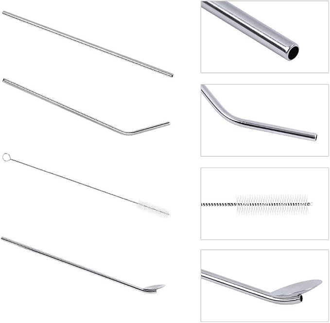 Stainless Steel Straws Spoon Drinking Straws Reusable Set of 6 Bent and Straight Cleaning Brush Included