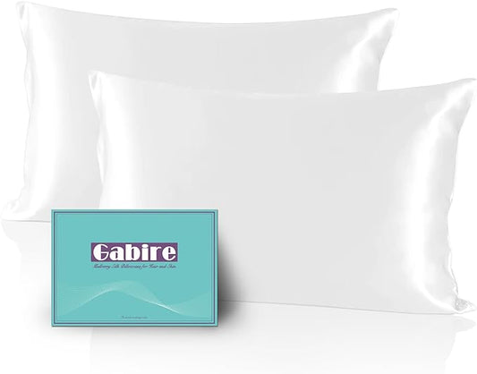 Gabire Mulberry Silk Pillow Cases Set of 2, Both Sides Real Silk Pillow Cover for Hair and Skin Prevent Acne Pillowcase Organic Silk Pillowcase 2 Pack with Hidden Zipper, White, Queen (20"×30")