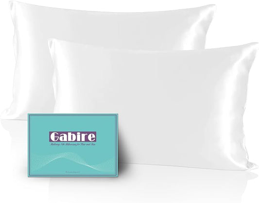 Gabire Mulberry Silk Pillow Cases Set of 2, Both Sides Real Silk Pillowcase for Hair and Skin Prevent Acne Pillowcase Organic Silk Pillowcases 2 Pack with Hidden Zipper, White, Standard (20"×26")