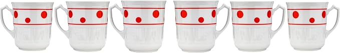 Czech Porcelain Coffee Mugs Set of 6-8 Oz White Tea Cups with Red Polka Dots - Hand-Painted Premium Drinkware for Cappuccino & Cocoa - Microwave & Dishwasher Safe - Traditional European Design