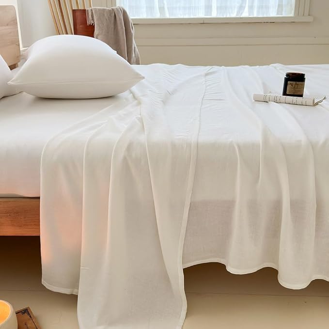 NSNLGSGC 100% French Linen Sheets King Size, 4 Piece Pure Linen Bed Sheet Set, Breathable, Cooling & Durable, Soft Washed Natural Flax Bedding with 16 Inch Deep Pocket, All Season Use(King, White)