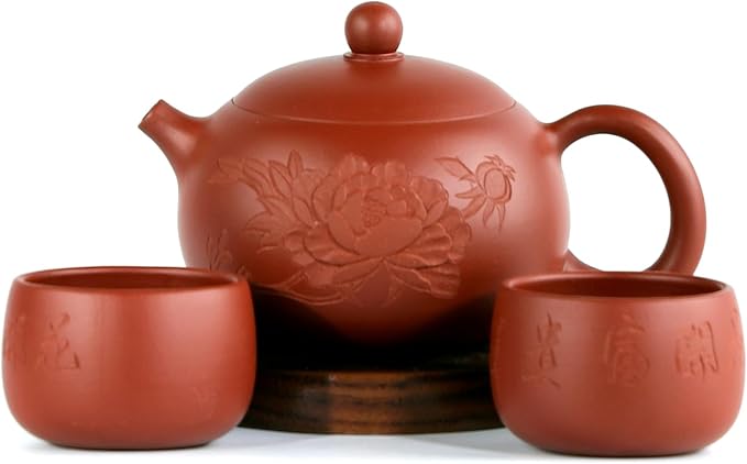 Zisha Teapot Set Chinese Yixing Clay Tea Pot 11 Oz with 2 Cups,Personal Tea Maker Set,Masterpieces -Peony