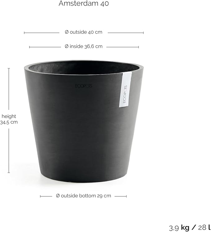 Ecopots Amsterdam Durable Modern Round Indoor/Outdoor Recycled-Based Composite Flower Pot Planter, Dark Grey, 16"
