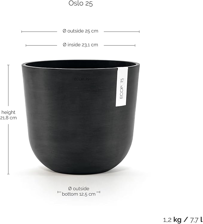 Ecopots Oslo Durable Modern Round Indoor/Outdoor Recycled-Based Composite Flower Pot Planter, Dark Grey, 10"