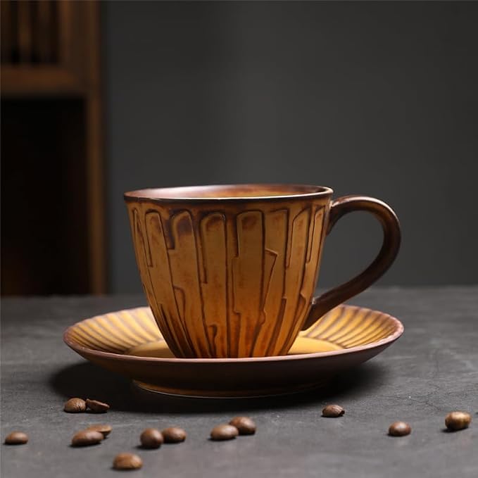 Rustic Kiln Glaze Textured Ceramic Coffee Mug with Saucer, Vintage Wabi Sabi Latte Tea Cup Multiple Styles, set of 1 (MIXED09)
