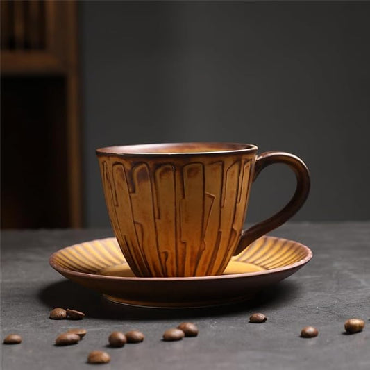 Rustic Kiln Glaze Textured Ceramic Coffee Mug with Saucer, Vintage Wabi Sabi Latte Tea Cup Multiple Styles, set of 1 (MIXED09)