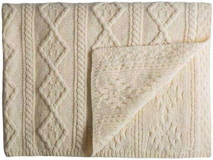 SAOL 100% Merino Wool - Aran Knit Couch Throw Blanket 40" x 60" (102 x 152 cm) (Natural)