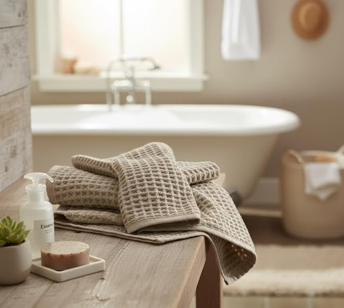 DEMMEX Organic Cotton Waffle Weave Turkish Towel Set for Bathroom, 1 Bath & 2 Large Hand Towels, 100% Oeko-TEX Certified Premium Turkish Cotton, Super Soft Lightweight Quick Dry (Beige)