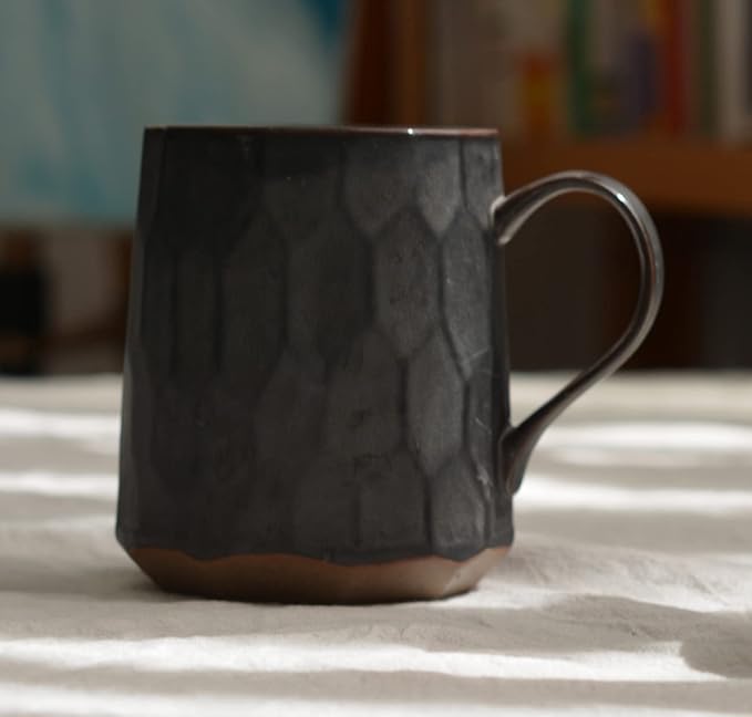 Personalized Handmade Stoneware Coffee Mug, Pottery Artisan Drinking Cup Coffee Cup, Insulated Ceramic Tea Mug for Home, Office or Gifts, Artistic Geometric, Metallic Black 14oz