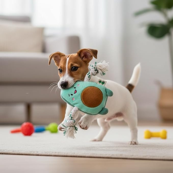 Green Sheep Puppy Plush Dog Toy, No Stuffing Squeaky Toy with Recycled Cotton Rope for Teething, Comfort and Gentle Play, Small Dogs and Puppies, Avacado