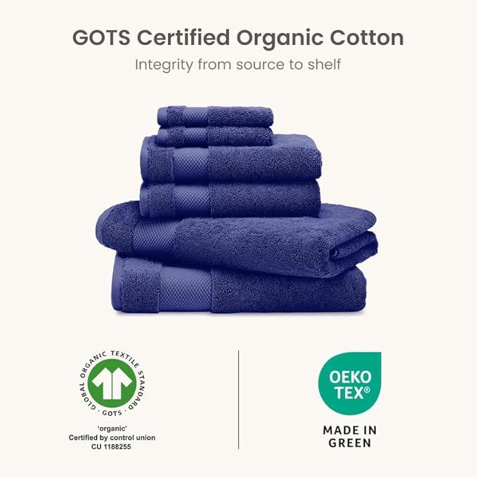 BIOWEAVES 100% Organic Cotton Bath Towel Set | 700 GSM Plush 6-Piece Premium Towel Set GOTS Certified, 2 Bath Towels, 2 Hand Towels & 2 Washcloths - Navy Blue