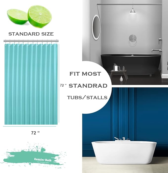 Aqua Blue Plastic Shower Curtain Or Liner, 72x72 Inch Lightweight Teal Blue Plastic Bathroom Shower Showroom Inner Curtain with Rustproof Metal Grommet Holes and Weighted Magnets