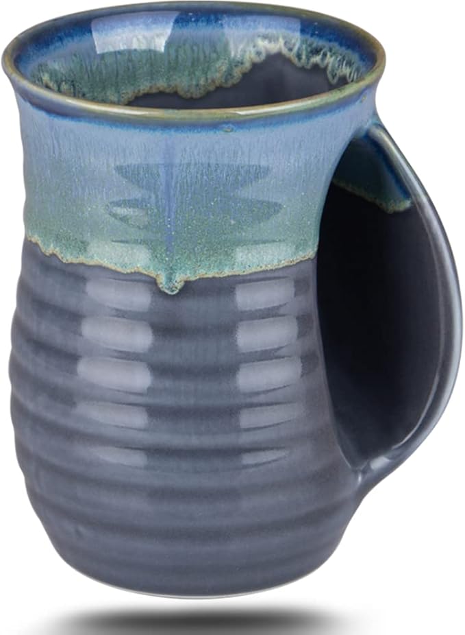 Hand Warmer Mugs Set of 2,16 Ounce Large Hand Warming Mugs Ceramic Gift for Christmas with Contoured Pocket, Keep Your Fingers Warmth(Grey and Blue)