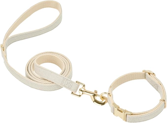 Luxury Soft Cotton Tweed Fabric Dog Collar & Leash Set with Gold Buckle – Durable Fabric, Stylish Design for Everyday Walks(Small Grey)