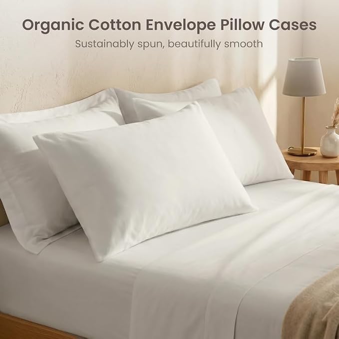 Bioweaves 100% Organic Cotton Envelope Pillow Cases 300 Thread Count Soft Sateen Weave GOTS Certified – 20 X 27, Set of 2, Cream