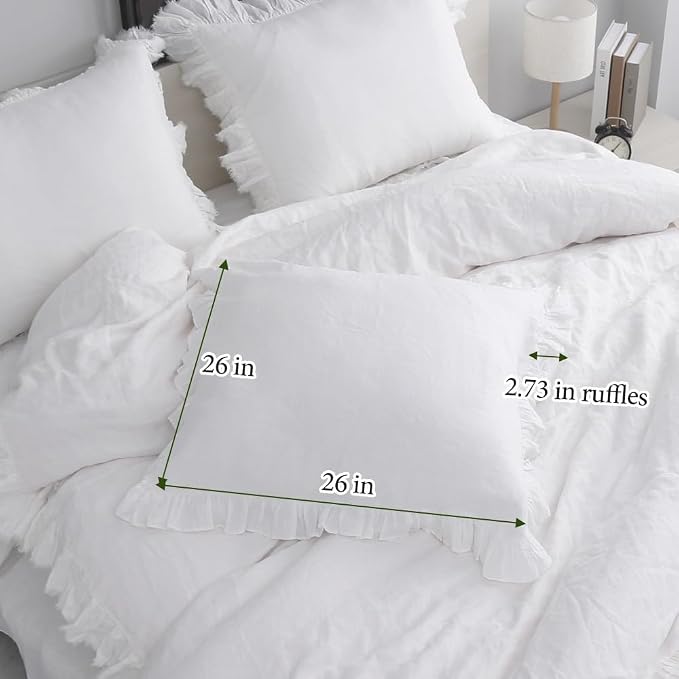 Simple&Opulence 100% Linen Euro Sham Covers with Ruffle, 2Pcs Pillow Covers 26x26 Inches, Euro Pillow Shams for Bed Couch French Home Decor Luxury and Breathable Square Pillow Cases, White