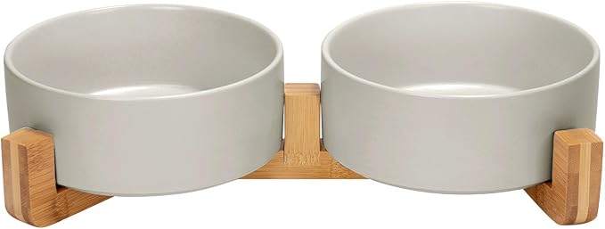 SPUNKYJUNKY Ceramic Dog and Cat Bowl Set with Wooden Stand, Modern Cute Weighted Food Water Bowl Set for Medium to Large Size Dogs (42 OZ, 2 × Grey)