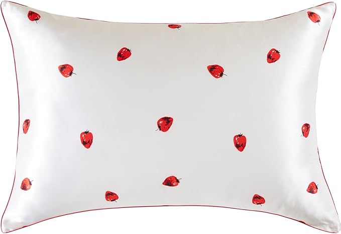THXSILK Mulberry Silk Pillowcase for Hair and Skin, Grade 6A+ Organic Mulberry Silk Pillow Case with Hidden Zipper, King Size 20"x36" Silk Pillow Case, 1pc, White Strawberry