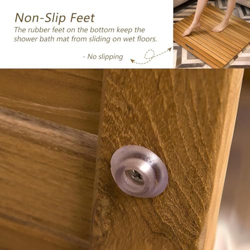 Teak Shower Mat Foldable Luxury Wooden Non-Slip Wood Bath Mat for Bathroom Bathtub Indoor Outdoor,Teak Wood Bath Mat 24x44in - Anti-Slip Shower Floor Mat with Center Drain Hole, Durable Soli