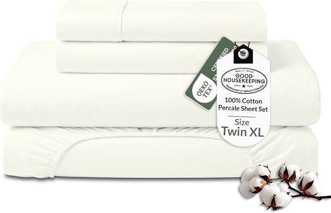 ROYALE LINENS 100% Organic Cotton Twin XL Sheet Set - Percale Weave - 3 Pieces Set - 1 Flat, 1 Deep Pocket Fitted Sheet and 1 Pillowcases - Ivory Bed Sheets - Sábanas Twin XL - Crisp Cool (Ivory)