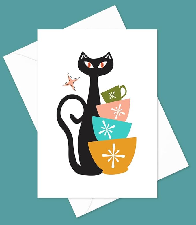 Mid Century Modern Cats Greeting Cards - Set of 10 All Occasion 5x7 Note Cards with Envelopes. Blank Inside. Assorted Modern Abstract Mid-Century Designs.