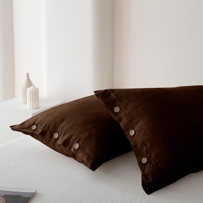 EVERLY 100% Linen Pillowcases Set of 2, French Linen from Normandy, 20X30Inch Standard Size, Natural Color, Coconut Buttons Closure, Flax Pillowshams-Pillowcase-Chocolate