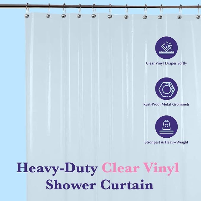 Epica Shower Curtain, Strongest Heavy-Duty Clear Vinyl 72"x72" Shower Curtain Liner, Waterproof Plastic Bathroom Curtains, Stain & Soap Scum Resistant with Rust-Proof Metal Grommets (Clear)