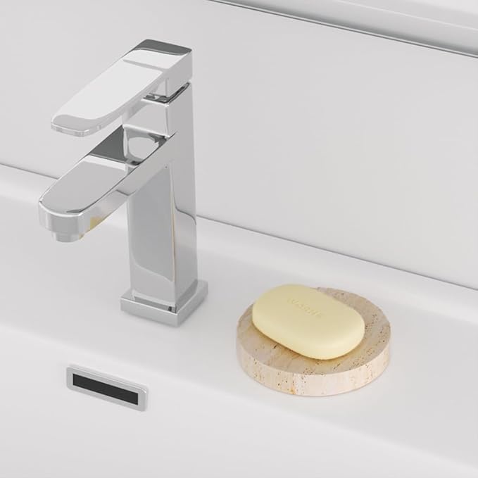 Marble Soap Dishes Natural Travertine Stone Sponge Holder for Bathroom Tub Shower Kitchen Sink, Handcraft Round Soap Case Trinket Plate Jewelry Tray Coaster for Home Decor Color Beige (WH046)