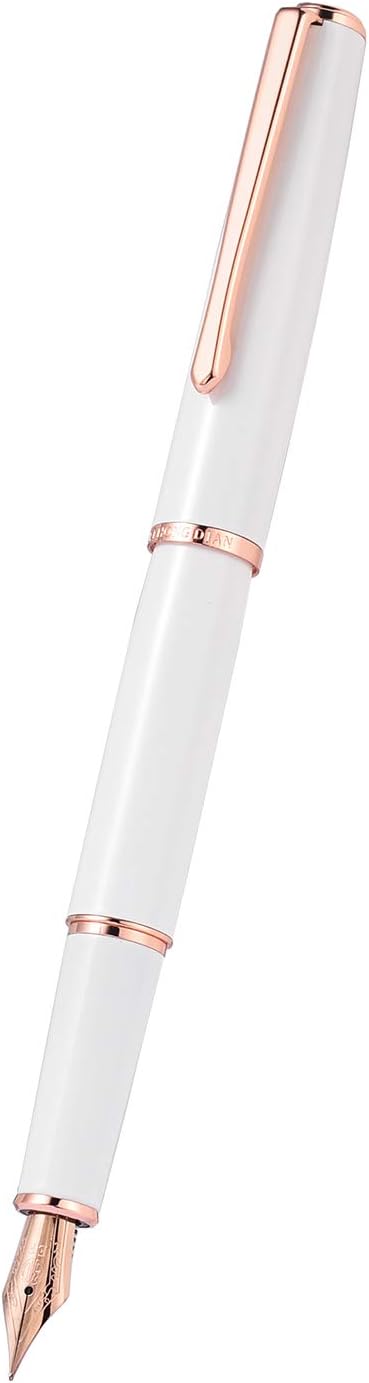 HongDian 920 White Metal Fountain Pen, Gold Plated Fine Point and Trim Classic Pen with Ink Converter, Smooth Writing Pen