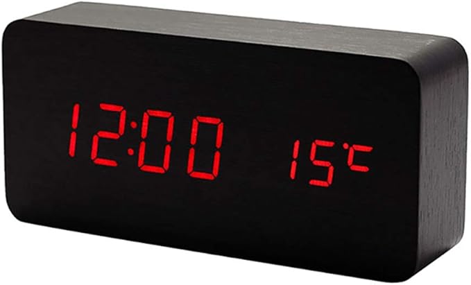 Wooden Digital Clock Multi-Function LED Alarm Clock with Time/Date/Temperature Display and Voice Control for Home Office Travel - AC11Black_Red