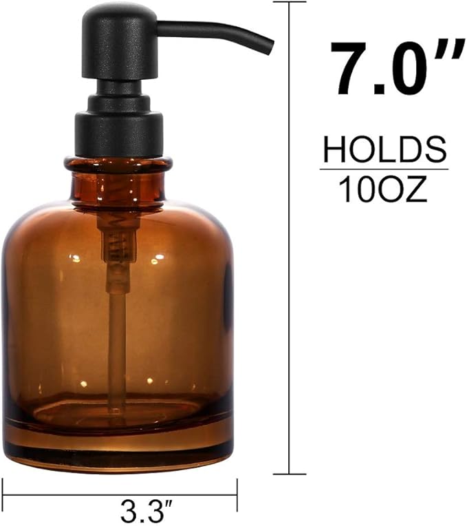 2 PCS Thick Amber Glass Jar Soap Dispenser with Matte Black Stainless Steel Pump, 12ounce Boston Round Bottles Dispenser with Rustproof Pump for Essential Oil (Matte Black)