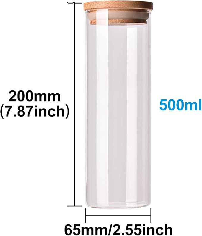 Glass Food Storage Containers with Bamboo Lids Airtight Food Storage Jar Glass Jar Kitchen Canisters for Pasta, Rice, Flour, Sugar(500ml, 65x200mm)