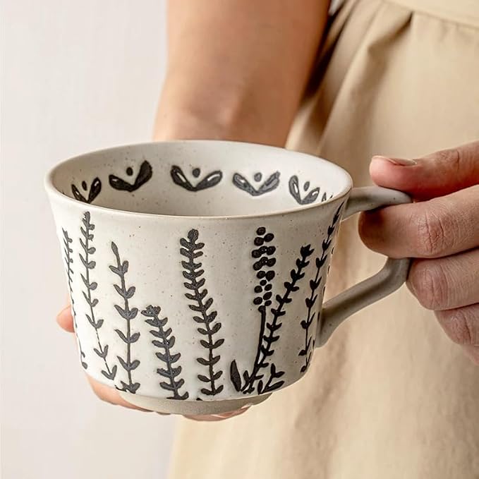 4 Pack 12oz Speckled Stoneware Coffee Mugs, Vintage Black Seaweed Botanical Ceramic Tea Cups, Rustic Hand Drawn Floral Drinking Mugs, Microwave Dishwasher Safe, Gift Set for Coffee Lovers