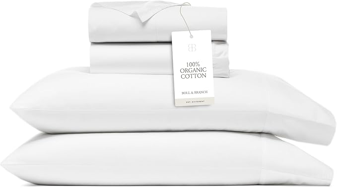 BOLL & BRANCH Percale Hemmed Sheet Set - Cooling Breathable Bed Sheets for Hot Sleepers - King, White - Luxury 100% Organic Cotton - 1 Flat, 1 Fitted, 2 Pillowcases